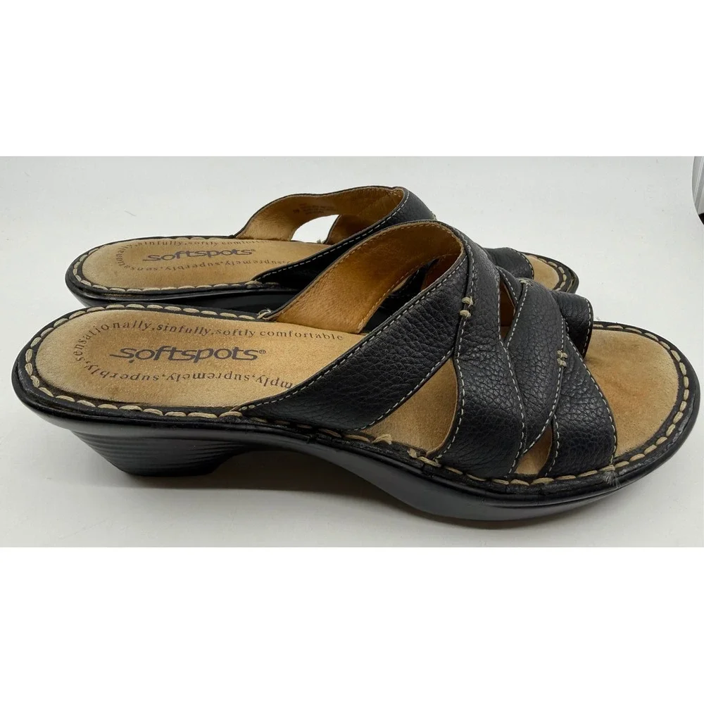 Softspots Womens Black Leather Strappy‎ Wedge Slide Sandals Toe Loop Size 6M